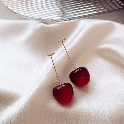 Sterling Silver Needle Long Red Cherry Earrings-Jewearrings