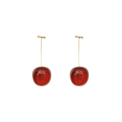 Sterling Silver Needle Long Red Cherry Earrings-Jewearrings