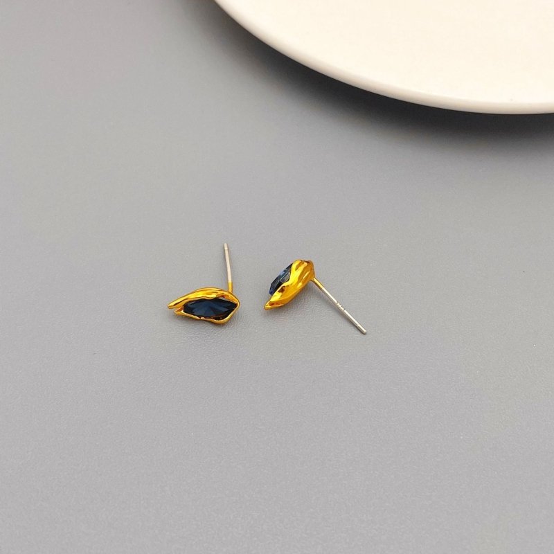 Sterling Silver Needle Minimalist Drop-shaped Flower Sprout Glass Texture Brass Plated 18K Real Gold Stud Earrings-Jewearrings