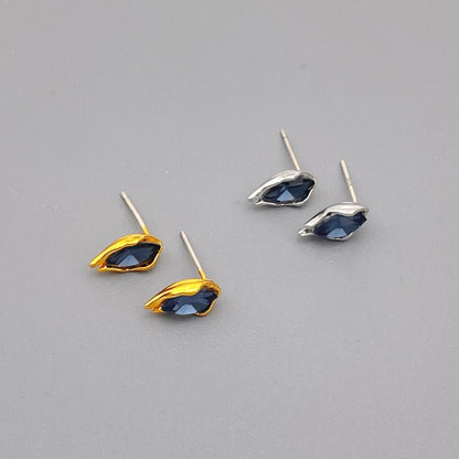 Sterling Silver Needle Minimalist Drop-shaped Flower Sprout Glass Texture Brass Plated 18K Real Gold Stud Earrings-Jewearrings