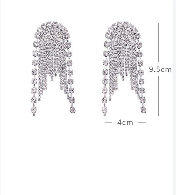 Sterling Silver Needle Personality Diamond Stud Long Tassel Exaggerated Large Earrings-Jewearrings