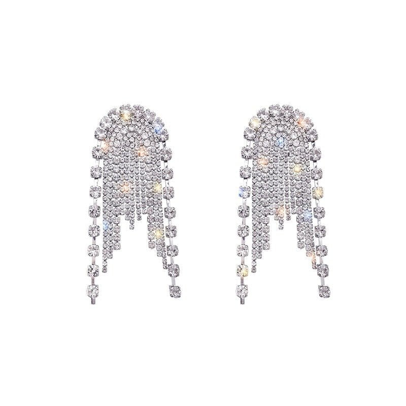 Sterling Silver Needle Personality Diamond Stud Long Tassel Exaggerated Large Earrings-Jewearrings