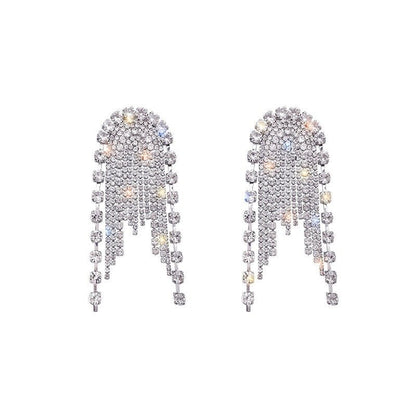 Sterling Silver Needle Personality Diamond Stud Long Tassel Exaggerated Large Earrings-Jewearrings