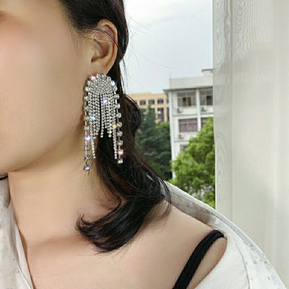 Sterling Silver Needle Personality Diamond Stud Long Tassel Exaggerated Large Earrings-Jewearrings