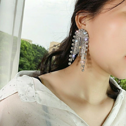 Sterling Silver Needle Personality Diamond Stud Long Tassel Exaggerated Large Earrings-Jewearrings