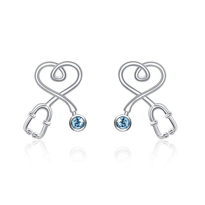 Sterling Silver Nurse Stethoscope with Blue Crystal Stud Earrings Jewelry Studs-Jewearrings