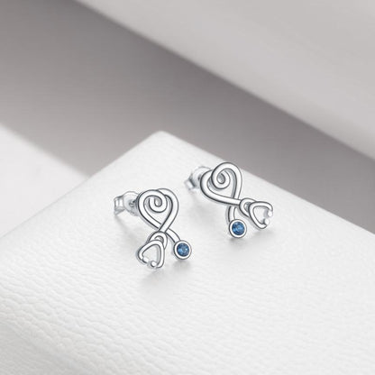 Sterling Silver Nurse Stethoscope with Blue Crystal Stud Earrings Jewelry Studs-Jewearrings