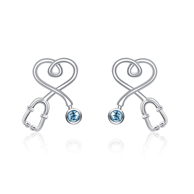 Sterling Silver Nurse Stethoscope with Blue Crystal Stud Earrings Jewelry Studs-Jewearrings