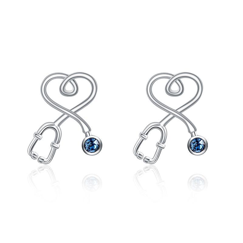 Sterling Silver Nurse Stethoscope with Blue Crystal Stud Earrings Jewelry Studs-Jewearrings