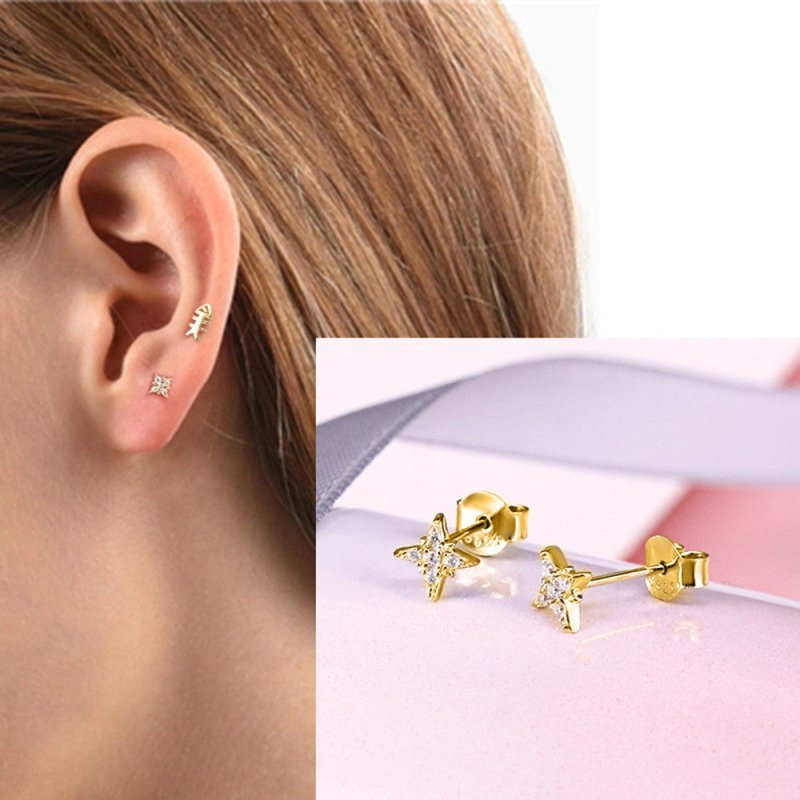 Sterling Silver Octagonal Star Diamond Stud Earrings Fashion Simple-Jewearrings