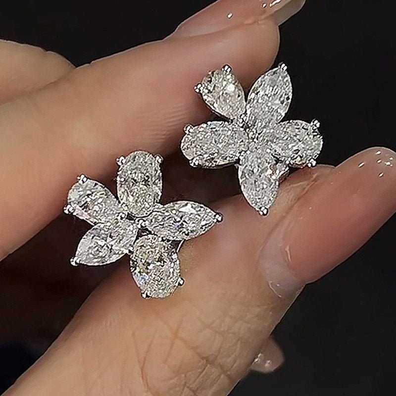 Sterling Silver Oval High Carbon Rhinestone Flower-shaped Stud Earrings-Jewearrings