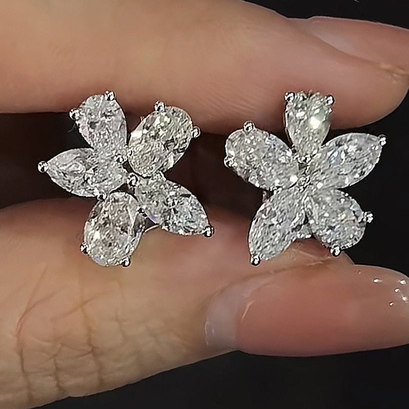 Sterling Silver Oval High Carbon Rhinestone Flower-shaped Stud Earrings-Jewearrings