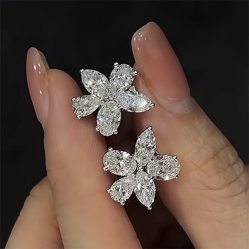 Sterling Silver Oval High Carbon Rhinestone Flower-shaped Stud Earrings-Jewearrings