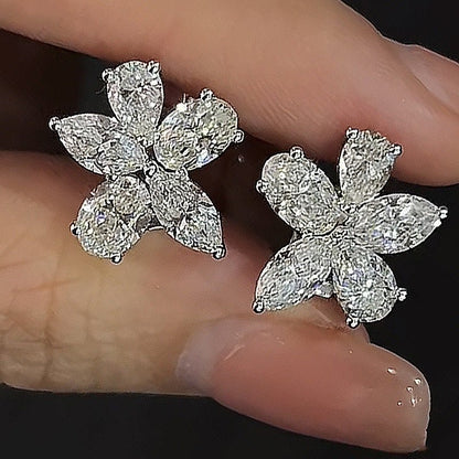 Sterling Silver Oval High Carbon Rhinestone Flower-shaped Stud Earrings-Jewearrings