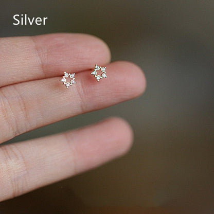 Sterling Silver Plated 14k Gold Inlaid With Zirconium Diamond Mini Snowflake Earrings-Jewearrings