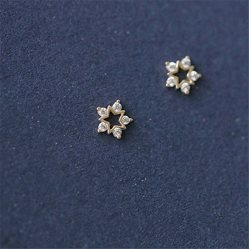 Sterling Silver Plated 14k Gold Inlaid With Zirconium Diamond Mini Snowflake Earrings-Jewearrings