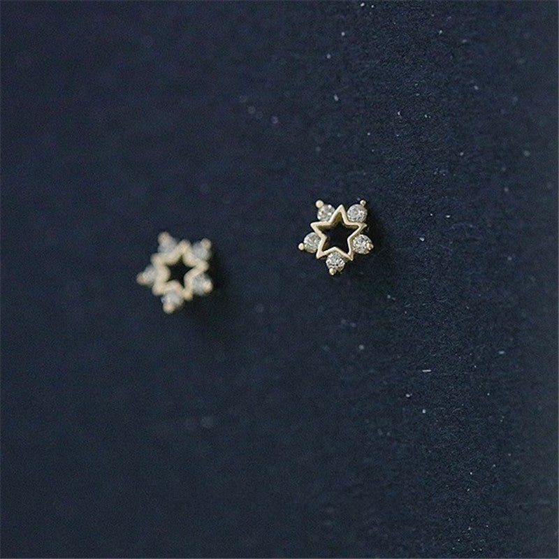 Sterling Silver Plated 14k Gold Inlaid With Zirconium Diamond Mini Snowflake Earrings-Jewearrings