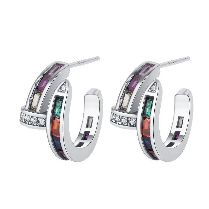 Sterling Silver S925 Colorful Diamond Inlaid Gem Nail Seven Rainbow Earrings-Jewearrings