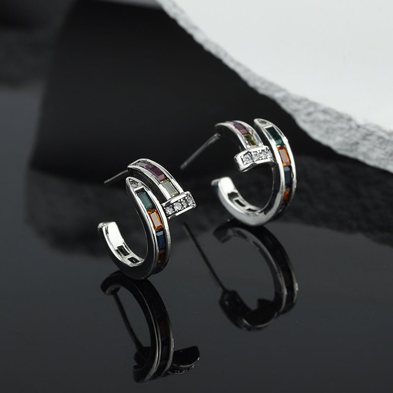 Sterling Silver S925 Colorful Diamond Inlaid Gem Nail Seven Rainbow Earrings-Jewearrings