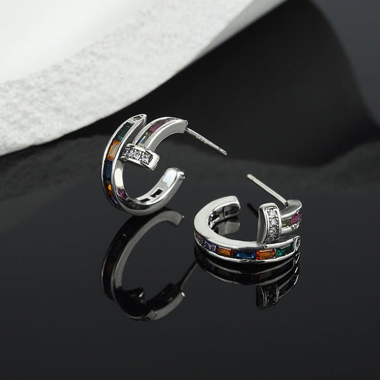 Sterling Silver S925 Colorful Diamond Inlaid Gem Nail Seven Rainbow Earrings-Jewearrings