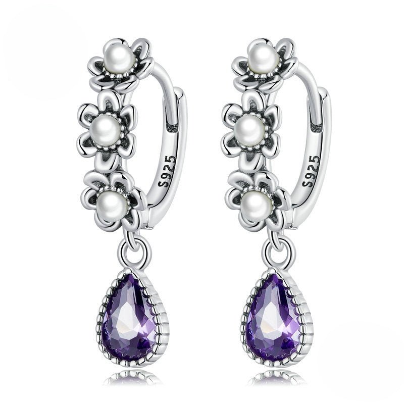 Sterling Silver S925 Vintage Purple Zircon Shell Pearls Simple Flower Earrings-Jewearrings