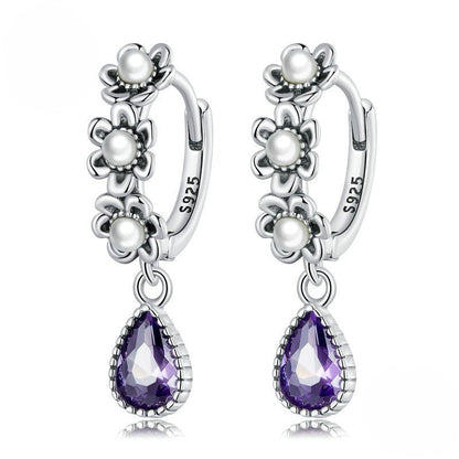 Sterling Silver S925 Vintage Purple Zircon Shell Pearls Simple Flower Earrings-Jewearrings