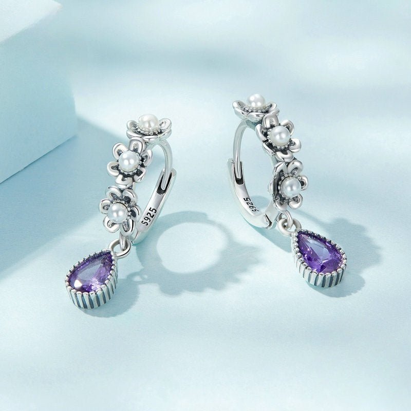 Sterling Silver S925 Vintage Purple Zircon Shell Pearls Simple Flower Earrings-Jewearrings