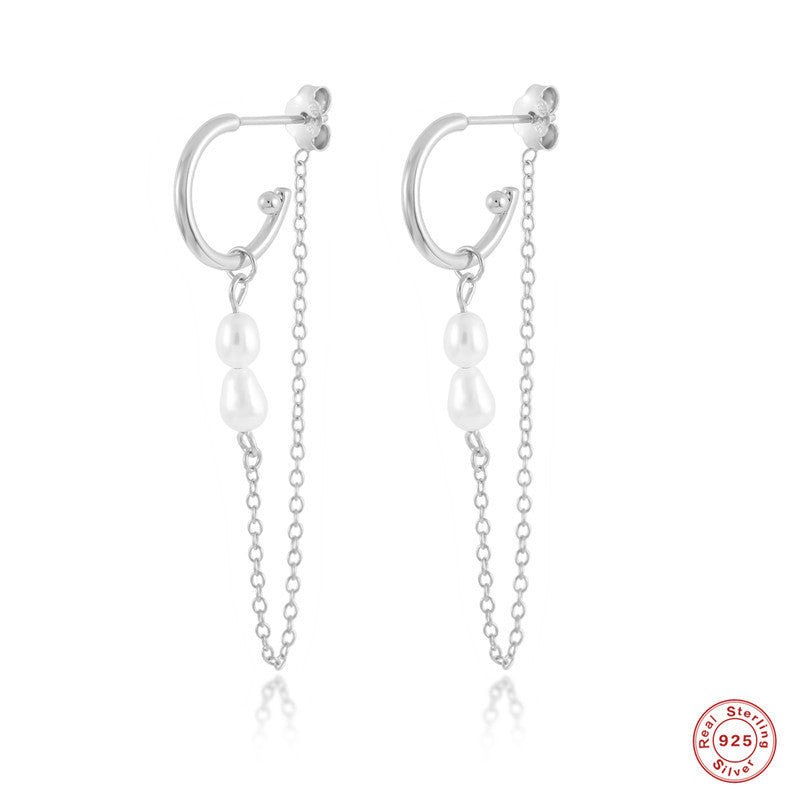 Sterling Silver Shaped Pearl Baroque Chain Earrings-Jewearrings