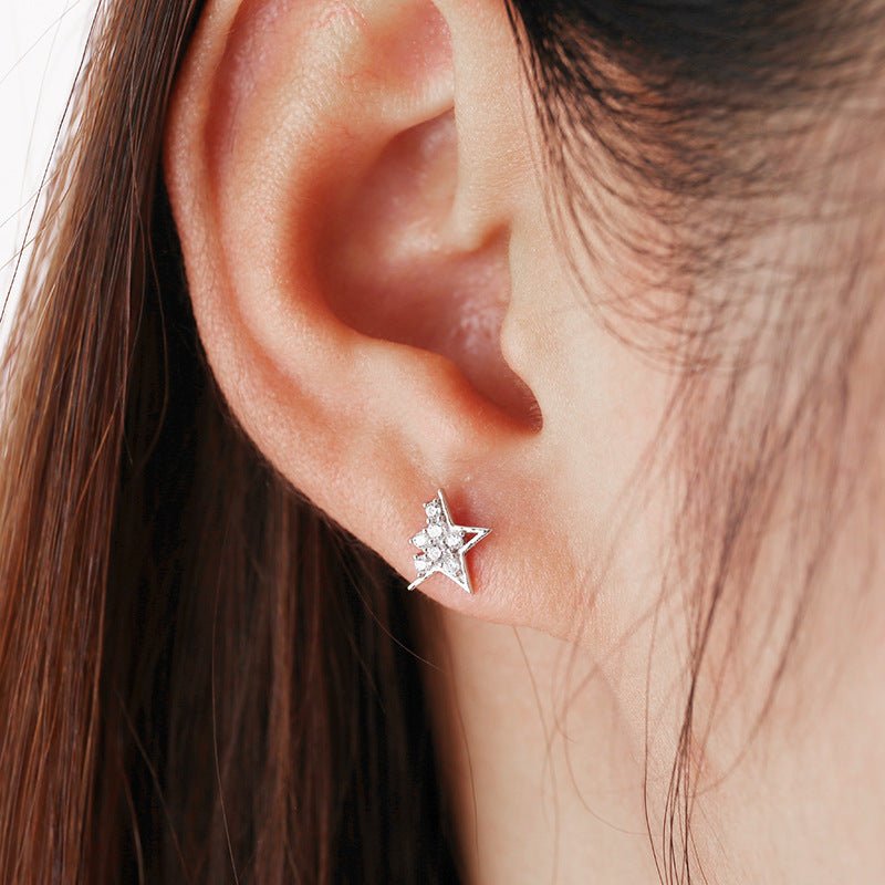 Sterling Silver Simple Christmas Star Stud Feminine Personality Diamond Earrings-Jewearrings