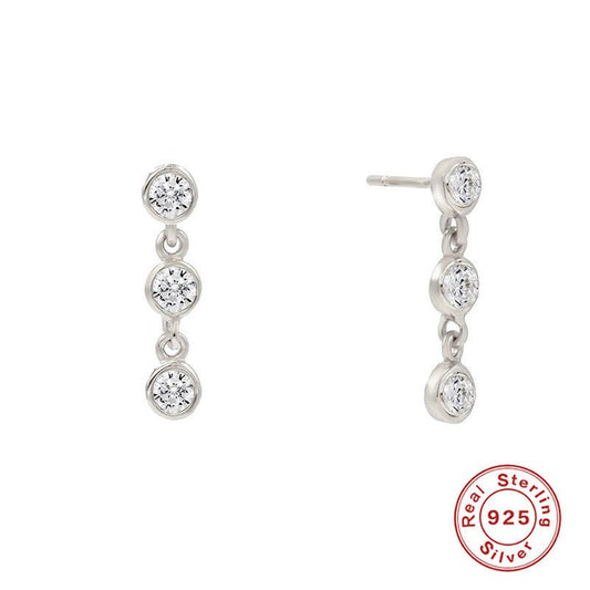 Sterling Silver Simple Three Diamond Ear Stud Earring Earrings Light Luxury Personality-Jewearrings