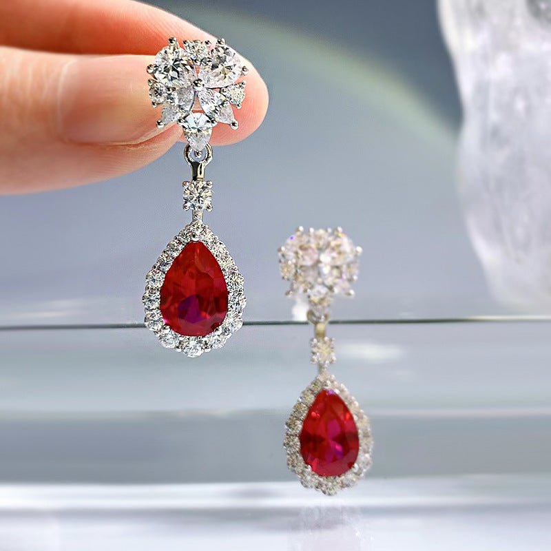 Sterling Silver Simulation Ruby Long Earrings-Jewearrings