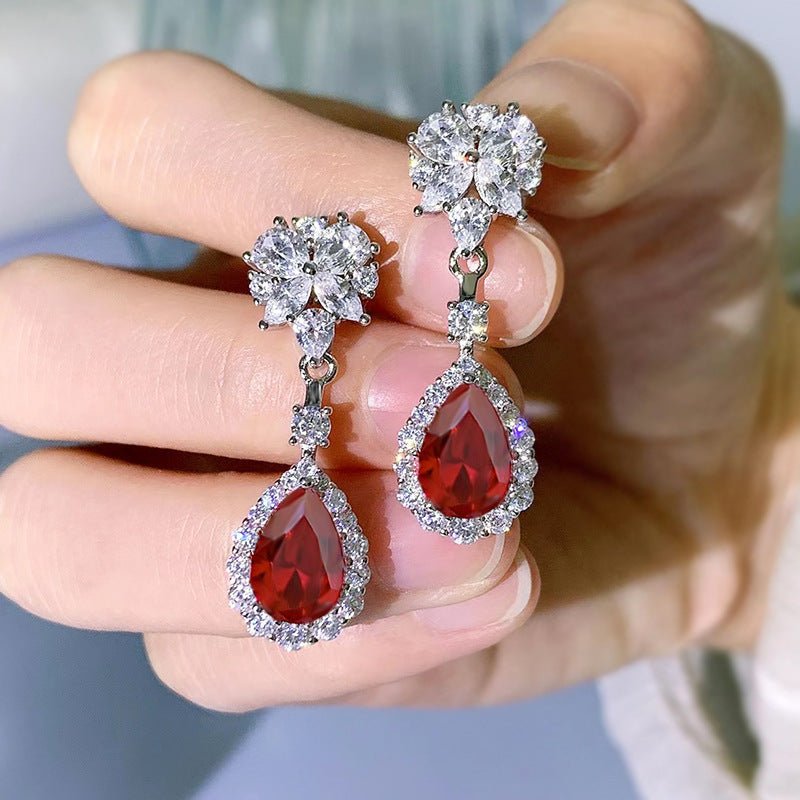 Sterling Silver Simulation Ruby Long Earrings-Jewearrings