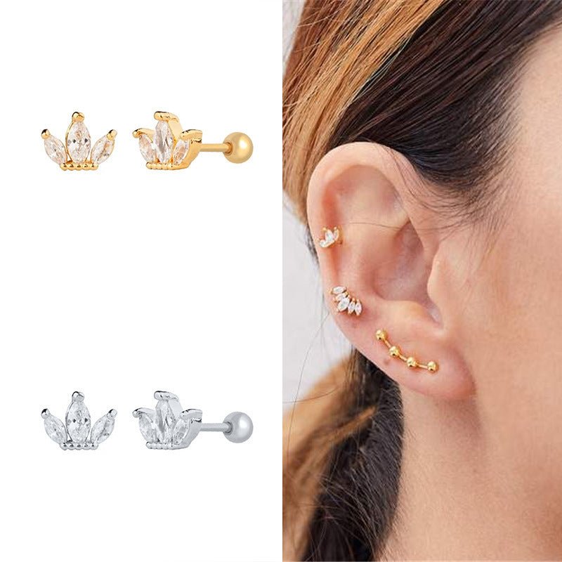 Sterling Silver Small Crown Diamond Thread Piercing Single Stud Earrings-Jewearrings