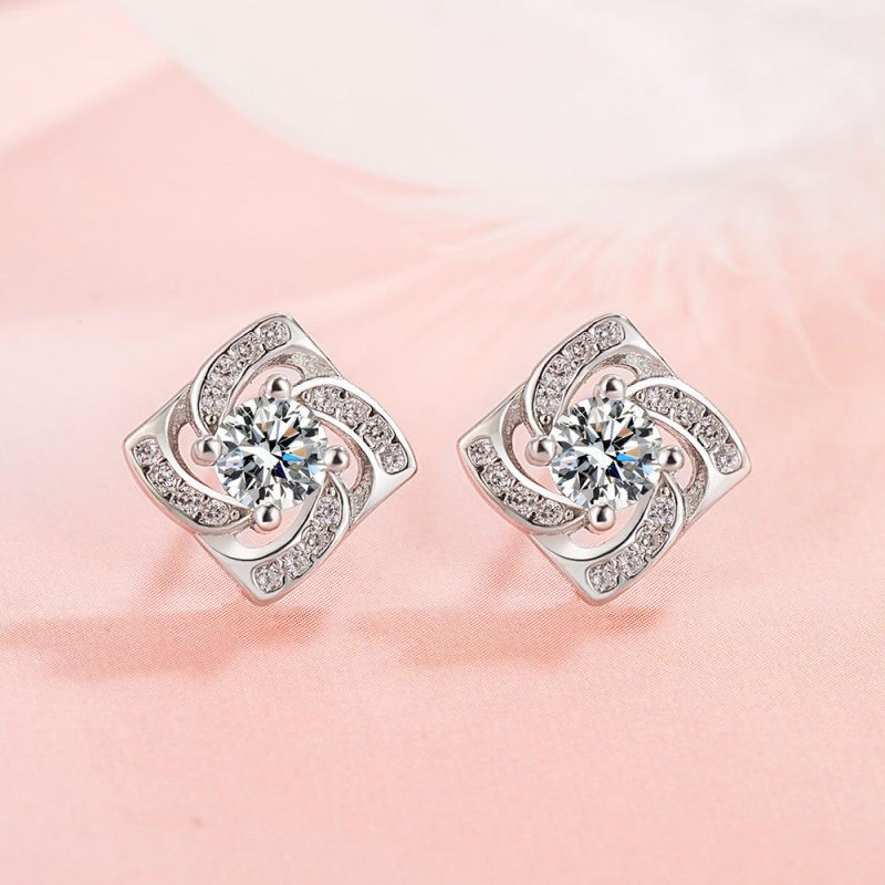 Sterling Silver Square Diamond Stud Earrings Niche Design Sense-Jewearrings