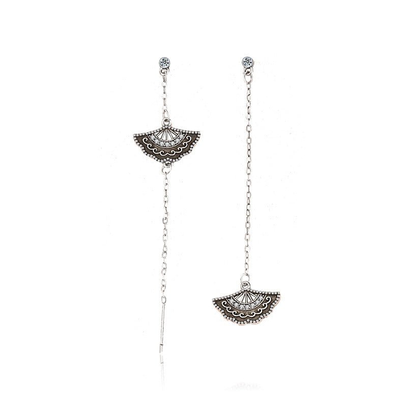 Sterling Silver Zircon Tassel Long Fan Earrings-Jewearrings