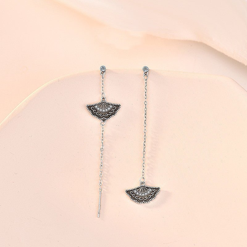 Sterling Silver Zircon Tassel Long Fan Earrings-Jewearrings