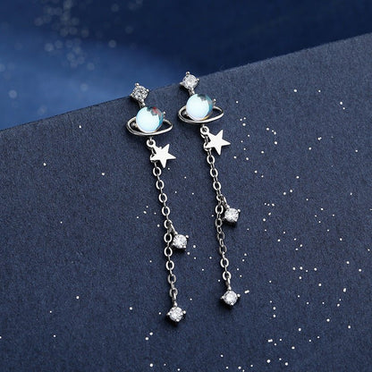 Streamer Planet Earrings Female Sterling Silver Long Style Simple And Cold Style-Jewearrings