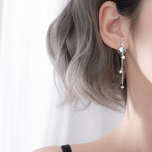 Streamer Planet Earrings Female Sterling Silver Long Style Simple And Cold Style-Jewearrings