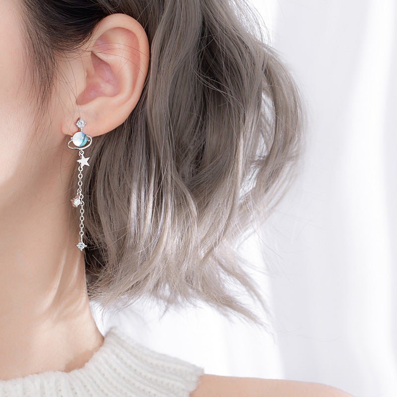 Streamer Planet Earrings Female Sterling Silver Long Style Simple And Cold Style-Jewearrings