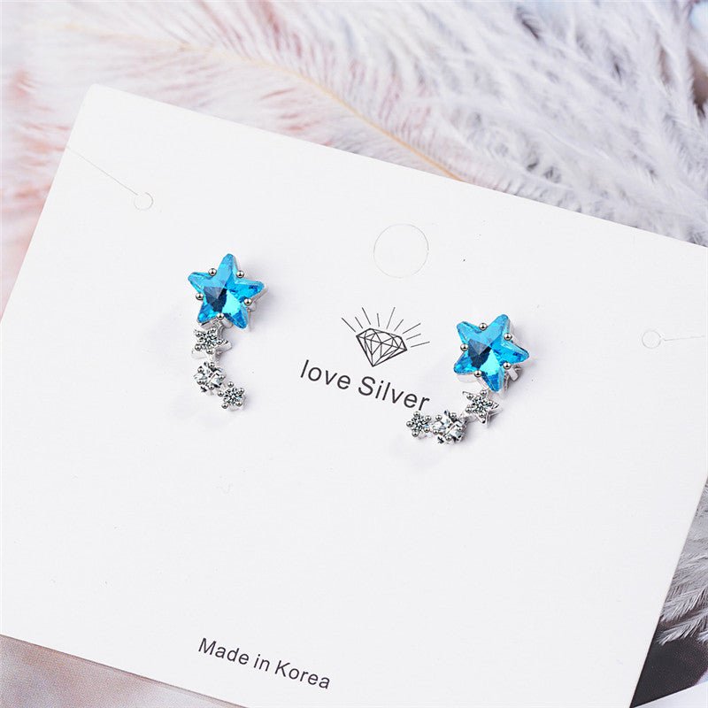 Stud Earrings Female Korean Style Blue Five-pointed Star Artificial Crystal Cute Mini-Jewearrings