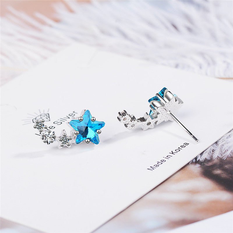 Stud Earrings Female Korean Style Blue Five-pointed Star Artificial Crystal Cute Mini-Jewearrings