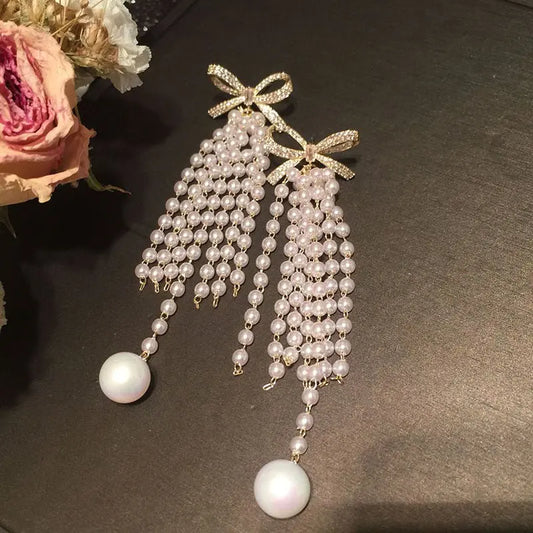 Stunning Long Tassel Pearl Bow Earrings-Jewearrings