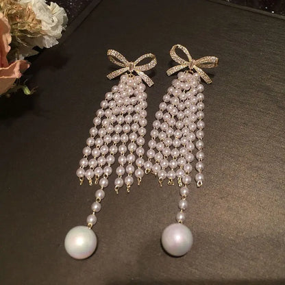 Stunning Long Tassel Pearl Bow Earrings-Jewearrings