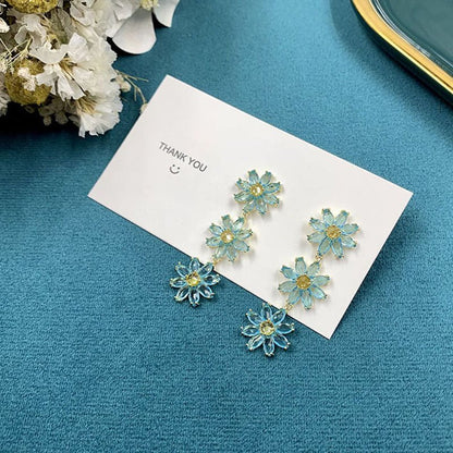 Sun Flower Earrings French Fringed Lake Blue Flowers-Jewearrings