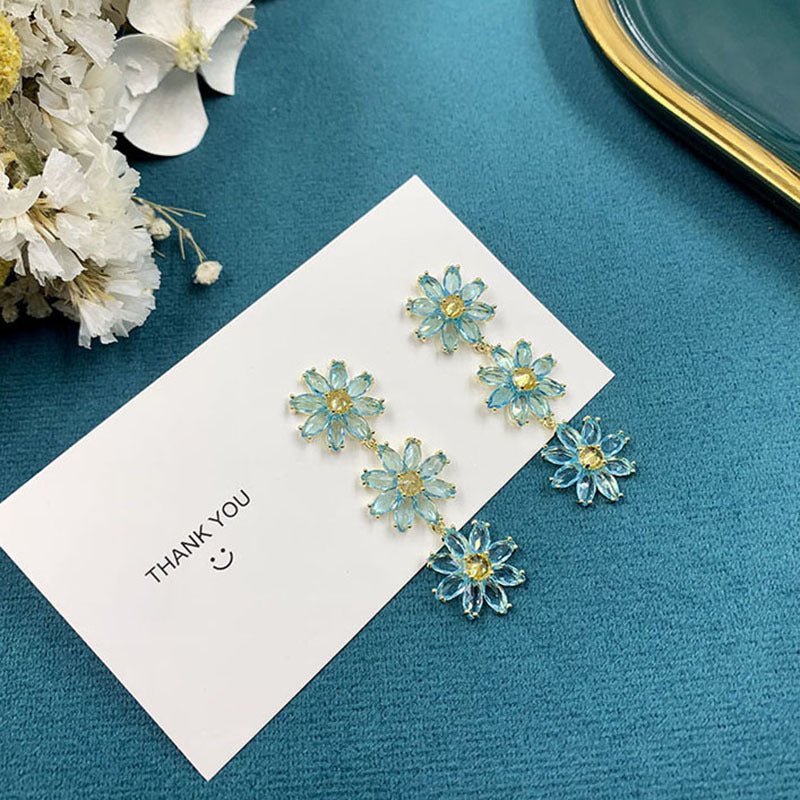 Sun Flower Earrings French Fringed Lake Blue Flowers-Jewearrings