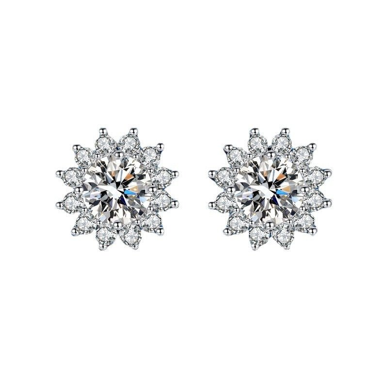 Sun Flower Moissanite Silver Stud Earrings-Jewearrings