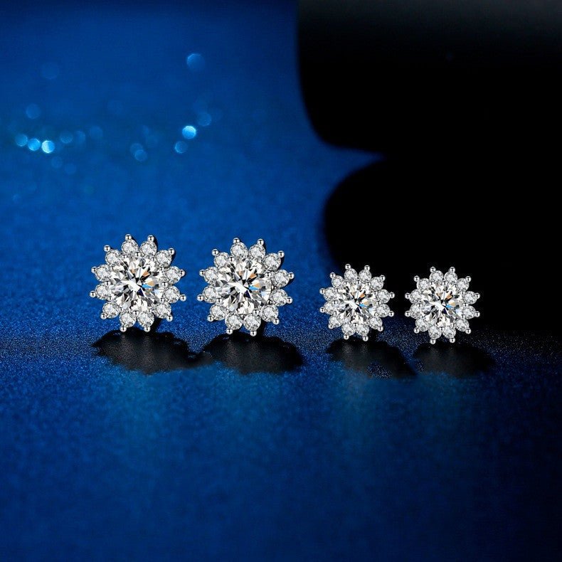 Sun Flower Moissanite Silver Stud Earrings-Jewearrings