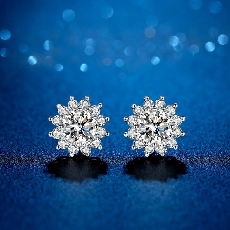 Sun Flower Moissanite Silver Stud Earrings-Jewearrings