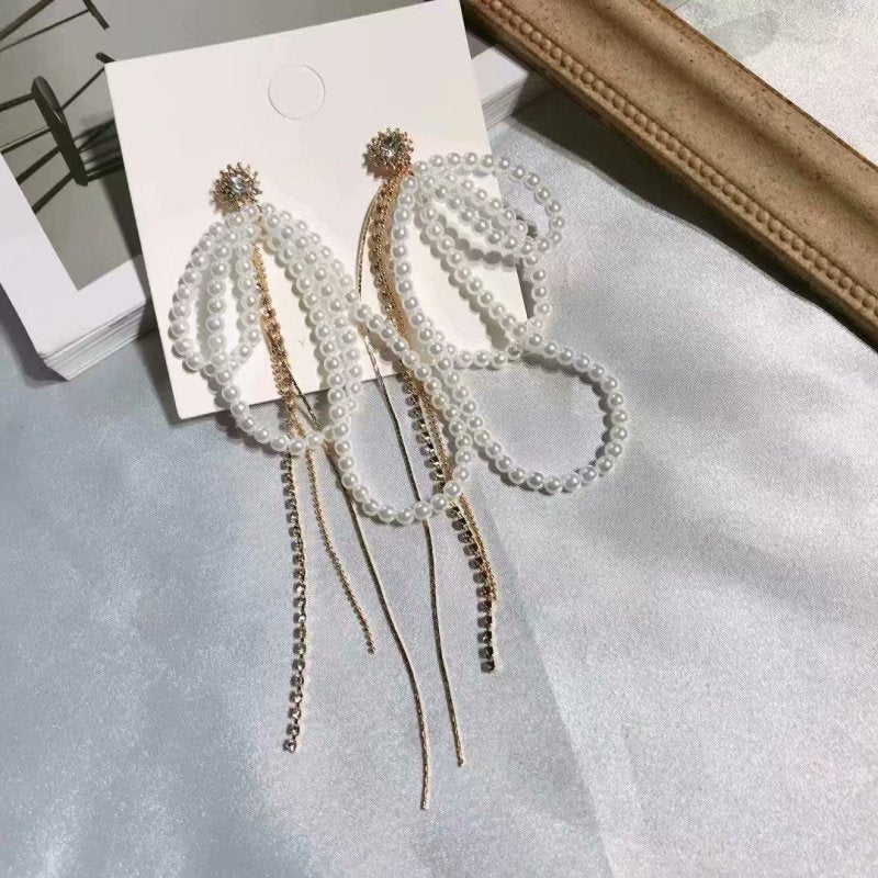 Super Fairy Lady Temperament Long Pearl Diamond Tassel Earrings-Jewearrings