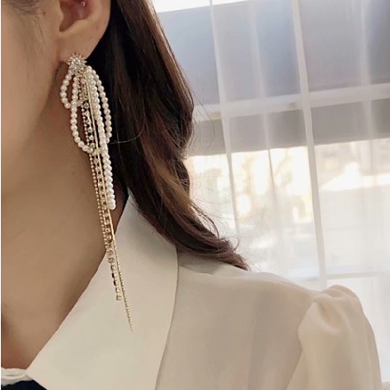 Super Fairy Lady Temperament Long Pearl Diamond Tassel Earrings-Jewearrings